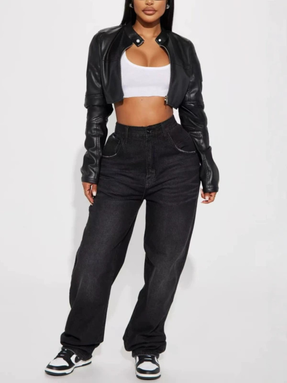 ZARA Cropped Colorblock Leather Motorcycle Jacket Zipper Stand Collar